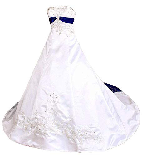 Zorayi Damen Vintage A-Linie Satin Stickerei Brautkleid Hochzeitskleider Elfenbein & Blau Größe 46