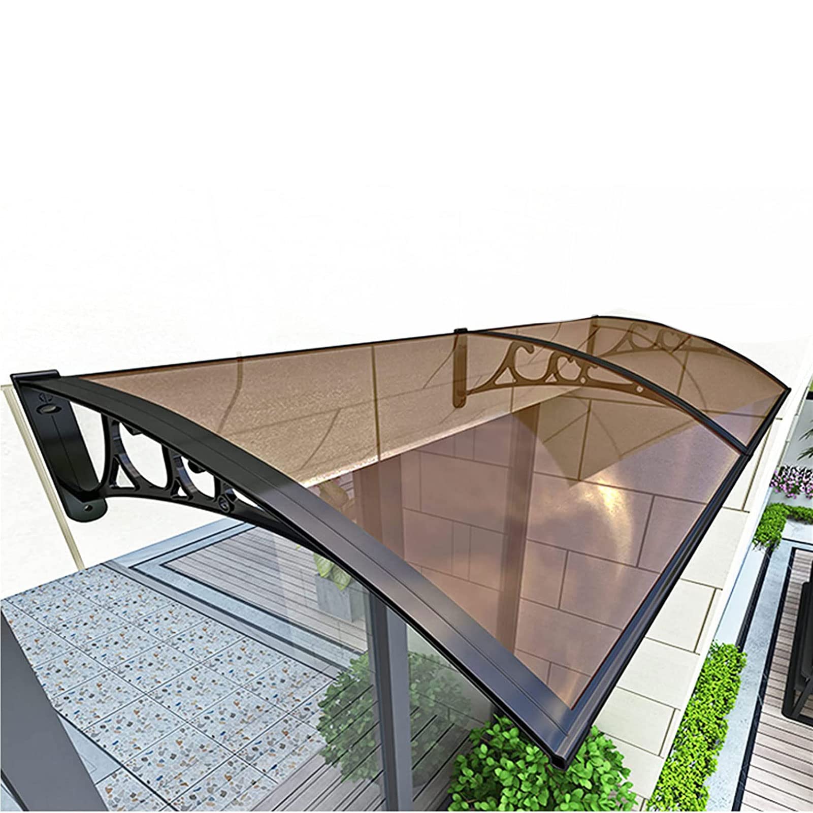 Türvordach Überdachungen Terrassen-Regenschutz Veranda Winddichtes Kälteschutz-Vordach für Veranda-Terrassendach mit schwarzer Halterung aus Aluminiumlegierung, braune Polycarbonatplatte