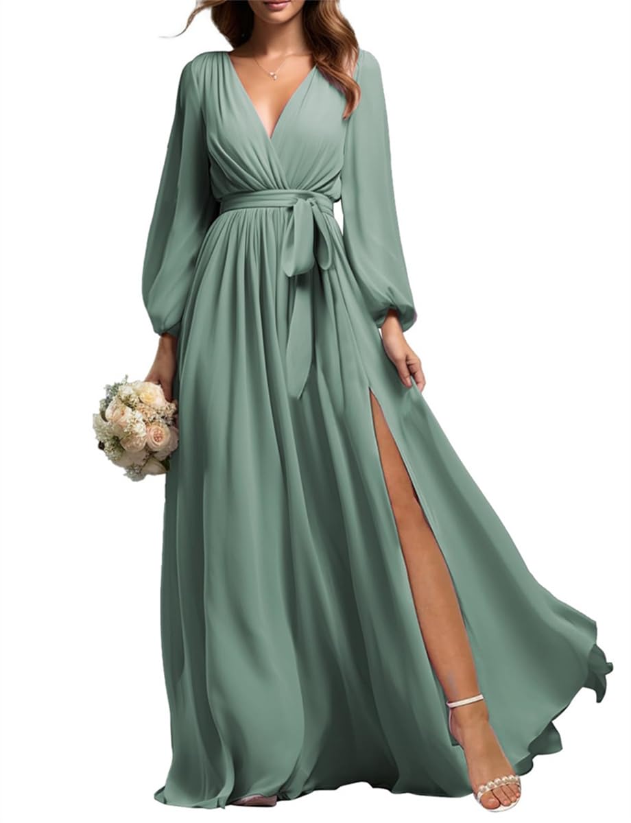 Prom Langarm Brautjungfer Kleider mit Schlitz für Frauen Chiffon V-Ausschnitt Formale Abendkleid, Eukalyptus, 34