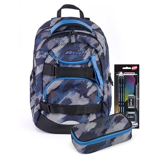 JOLLY Next Generation Rucksack, 8-teilig, verstellbare Schultergurte und Brustgurt, Zwei große Fächer, Innenraumunterteilung, Seitentaschen für Trinkflasche, gepolsterter Tragegriff, Blau/Grau