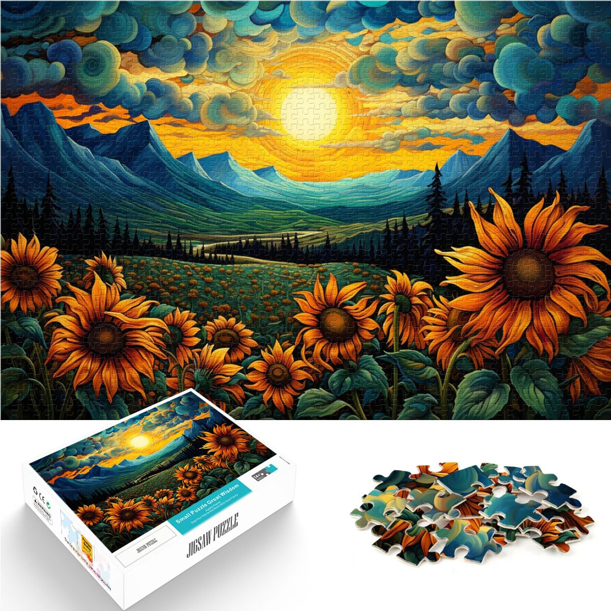 Puzzle für Menschen im Sonnenblumental bei Nacht, 1000-teiliges Puzzle, Holzpuzzle, interessantes Puzzle zur Stressreduzierung, 1000 Teile (50 x 75 cm)