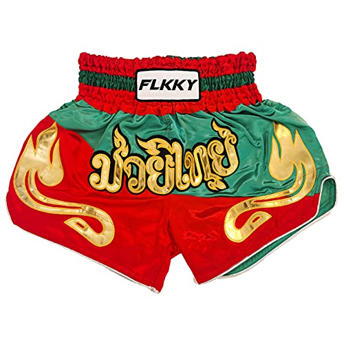 FLKKY Muay Thai Shorts Boxshorts für Männer und Frauen Hochwertige Kampfsport Training Gym Trunks Klassische Boxshorts, F01-rot & grün, Large