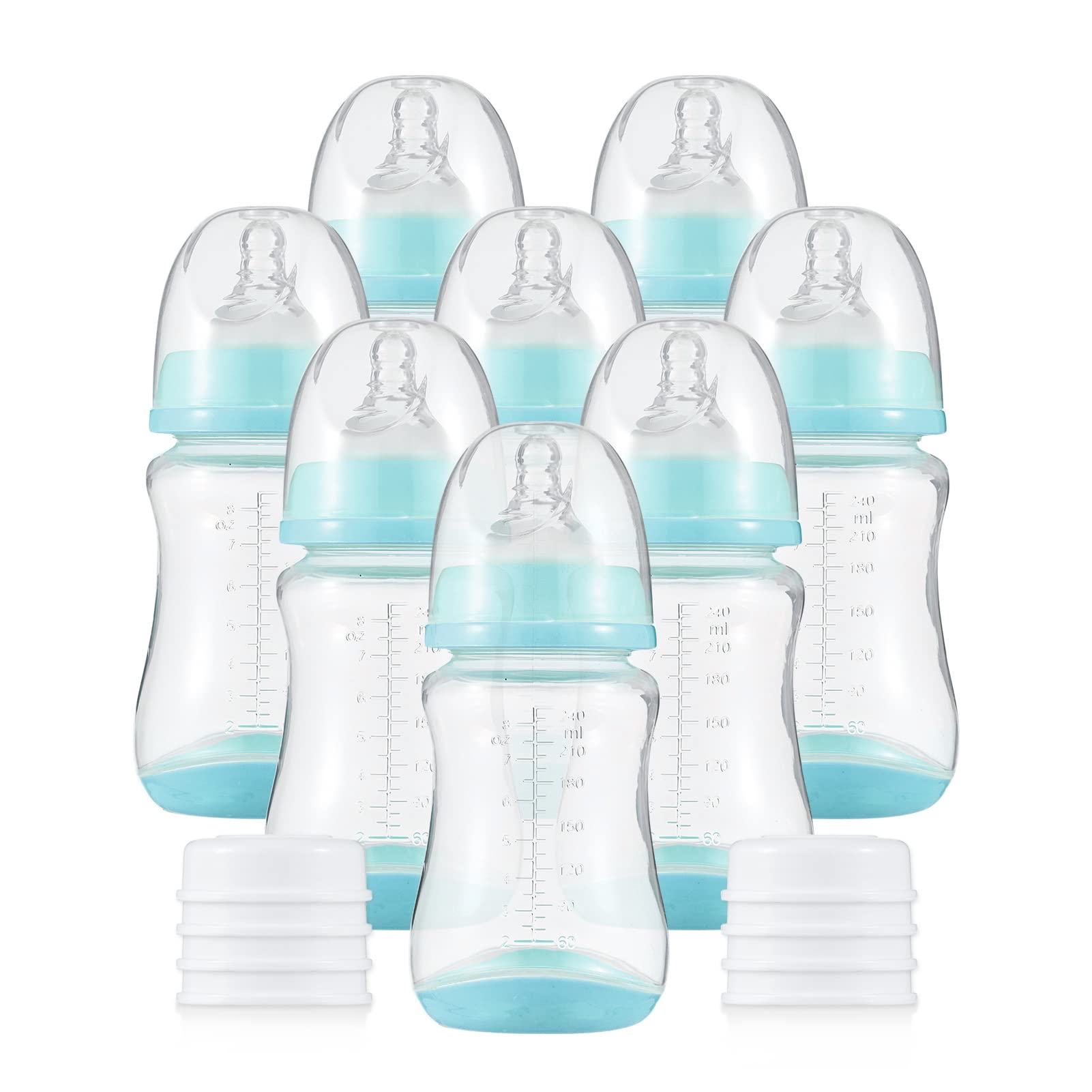 KOCAN Babyflaschen-Set,Babyflaschen mit Silikonnippel und Aufbewahrungsabdeckung Stillflaschen für Babynahrung PP-Milchaufbewahrungsflaschen 240 ml Fassungsvermögen Babyflaschen Baby Essentials, Grün