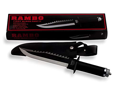 VIKING GEAR Rambo Messer John Rambo First Blood Part II Signature Edition Ink. Kompass, Haken zum Angeln mit Schnur, Pflaster, Streichholz und Messerscheide aus PU Leder schwarz