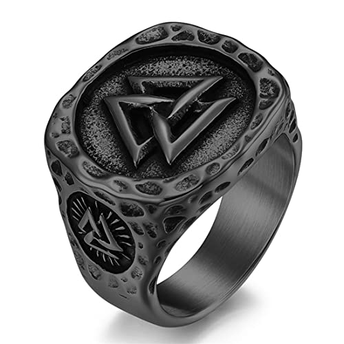 VOYADE Wikinger-Odin-Dreieckssymbol-Edelstahlring, Nordischer Herren-Vintage-Mythos Valknut-Dreiecks-Verriegelungsring,Schwarz,13