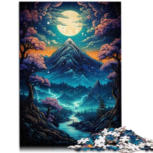 Puzzle | Puzzles Ein Gemälde eines Berges hinter Bäumen in der Nacht. Puzzle | Puzzle 1000 Teile für Erwachsene. Holzpuzzle. Tolles Geschenk für 1000 Teile (50 x 75 cm).