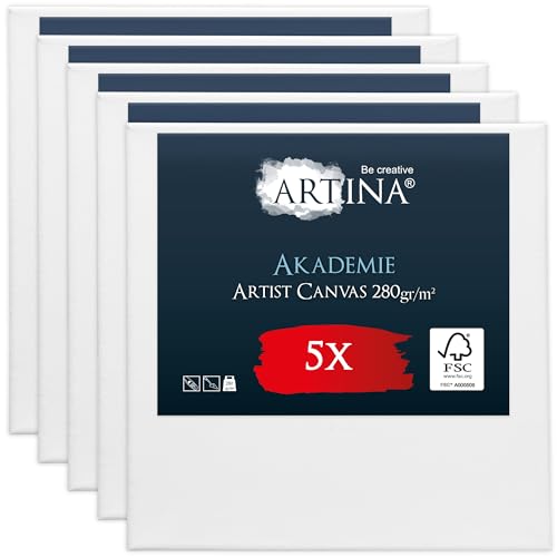 Artina Akademie Leinwand 5er Set 50x50 cm Leinwand auf FSC® Keilrahmen aus 100% Baumwolle auf stabilem Keilrahmen in Akademie Qualität - 280 g/m² zum Bemalen