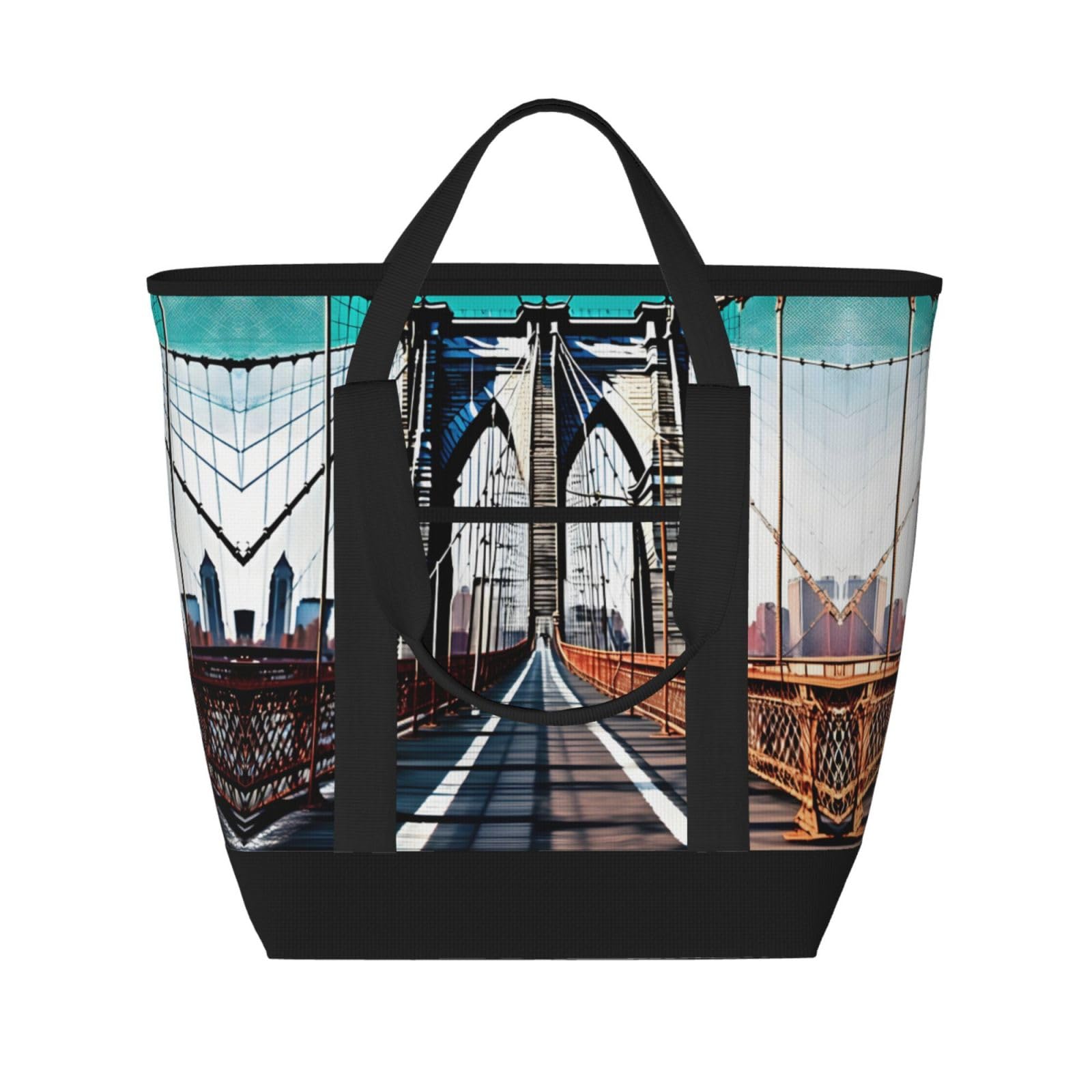 YQxwJL Brooklyn Bridge-Druck, große Kapazität, isolierte Kühltasche, Einkaufstasche, Reisetasche, Strand, wiederverwendbare Einkaufstasche für Erwachsene, Schwarz, Einheitsgröße