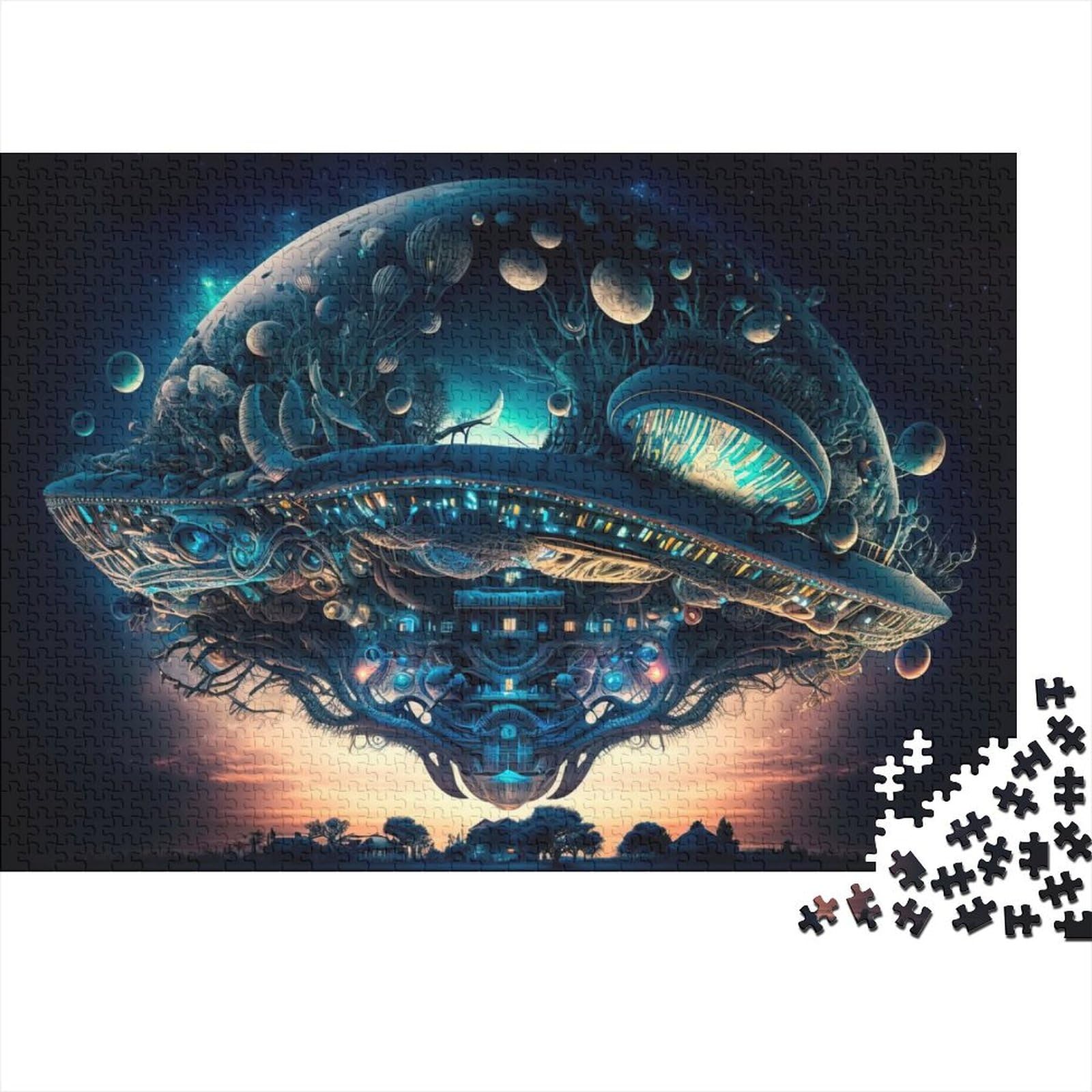 Außerirdisches Raumschiff über schwierigen, anspruchsvollen Puzzles, 1000-teiliges Holzpuzzle für Erwachsene und Teenager, ganze Familie und die (Größe 75x50cm)