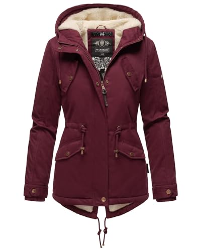 MARIKOO Damen Winter Jacke Parka Winterjacke Teddyfell gefüttert B376 [B376-Manolya-Weinrot-Gr.S]