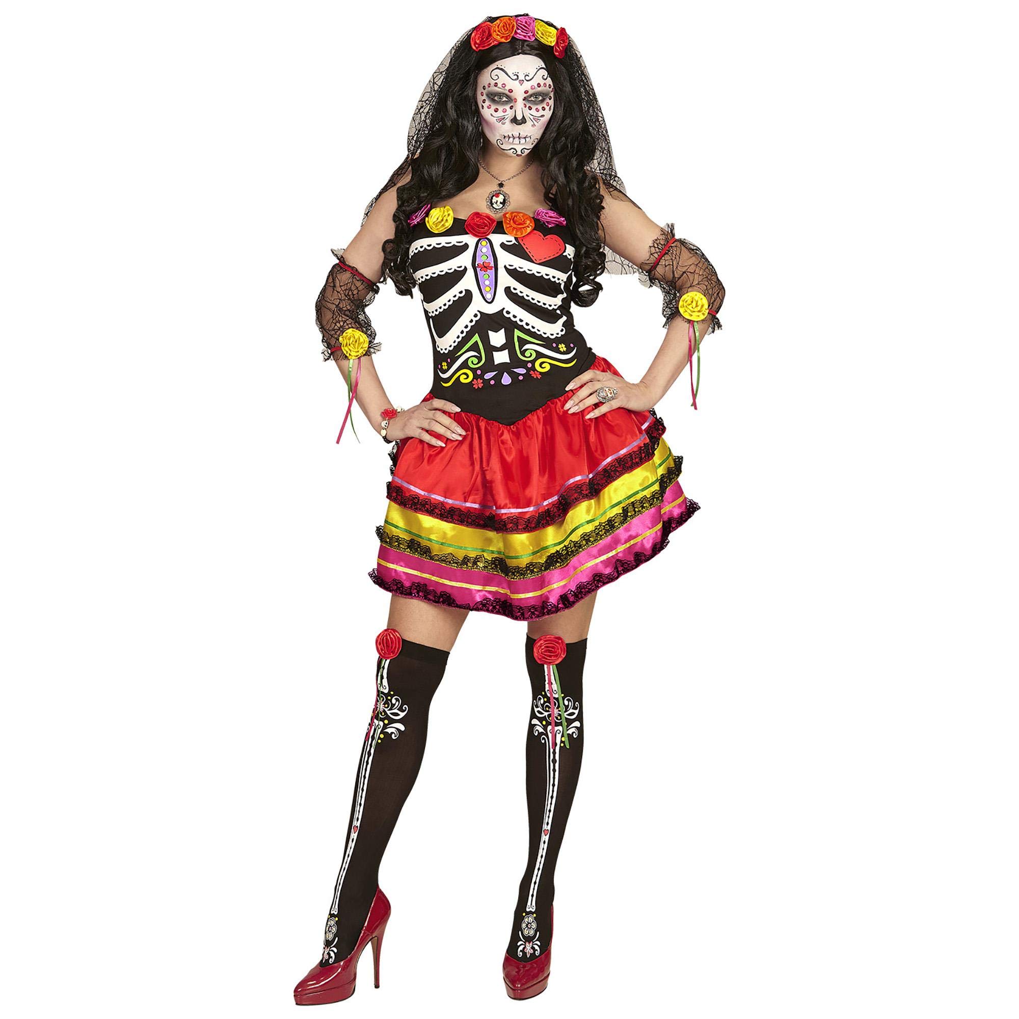 Widmann - Kostüm Mujer Dia De Los Muertos, Kleid, fingerlose Handschuhe, Überkniestrümpfe, Kopfschmuck mit Schleier, Halloween, Mottoparty, Karneval