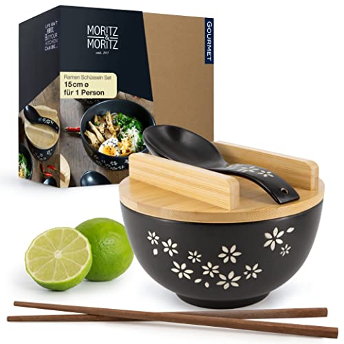 Moritz & Moritz Ramen mit Blumen schwarz inklusive Deckel und Löffel Für Suppe, Pho und Sushi Bowl – Inkl. Stäbchen, Deckel und Löffel