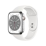 Apple Watch Series 8 (GPS + Cellular, 45mm) Smartwatch - Edelstahlgehäuse Silber, Sportarmband Weiß - Regular. Fitnesstracker, Blutsauerstoffund EKGApps, Always-On Retina Display, Wasserschutz