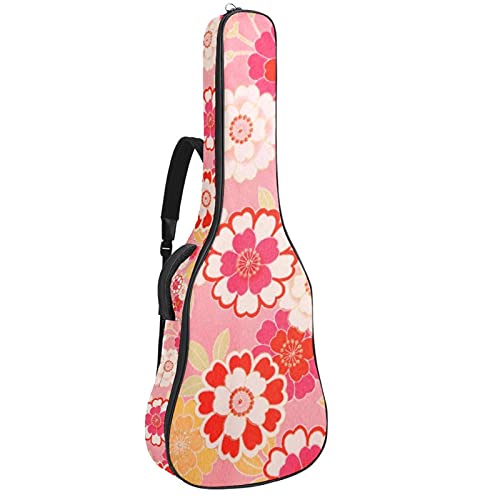 Tasche für Akustikgitarre mit mehreren Taschen Dicke Polsterung Wasserdichter Gitarrenkoffer Gig Bag 108,9x42,9x11,9 cm，Weiße und rote Blumen