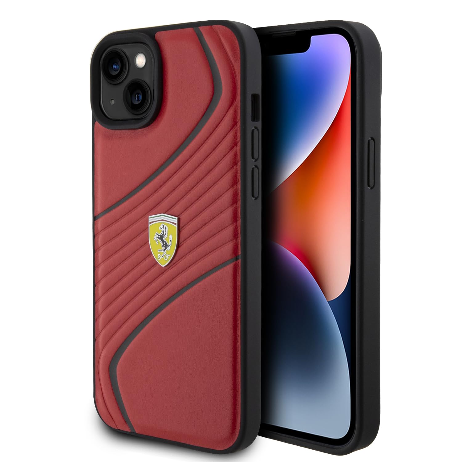 CG MOBILE Ferrari Handyhülle Kompatibel mit iPhone 15 Plus in Rot Geprägte Twisted Lines PU Leder Anti-Scratch Smooth Schutzhülle mit Easy Snap-on, Stoßdämpfung & Signature Logo