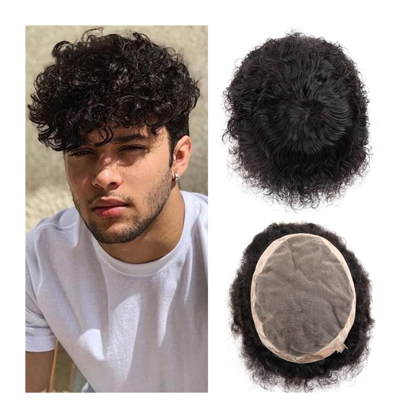 Perücke Männer Afro-gelocktes Toupet for Männer, menschliches Haarsystem, feines Mono- und NPU-Toupet for Männer mit dünner Haut, indisches Remy-Haar, 15,2 cm, wassergelocktes Männer-Haarteil Toupet f