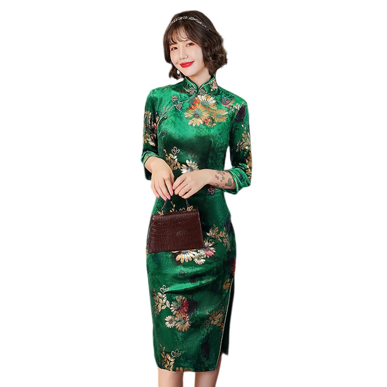 Altsuceser Damen Chinesisches traditionelles Cheongsam Blumendruck High Split Slim Fit Qipao Kleid Grün 2XL