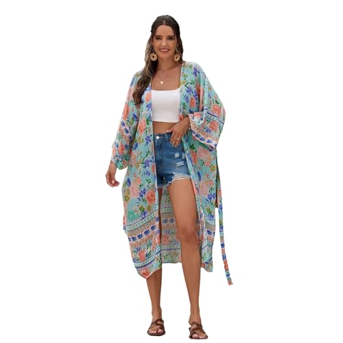 Fhkpsqkcn Damen-Badeanzug mit Blumendruck, Strandbekleidung, Schlafshirt, lockere Strickjacke, Bademode, Badeanzug, Coverups