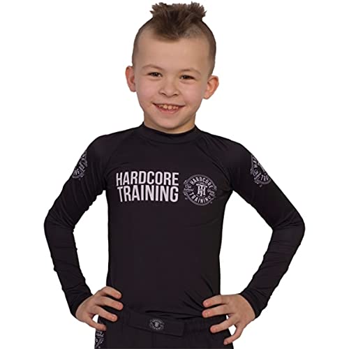 Hardcore Training Kids Rash Guard Recruit Kompressionshemd Kinder Unisex Lange Ärmel Kampfsport BJJ Fitness Boxen No Gi Kindersportbekleidung (Black, 14 Years)