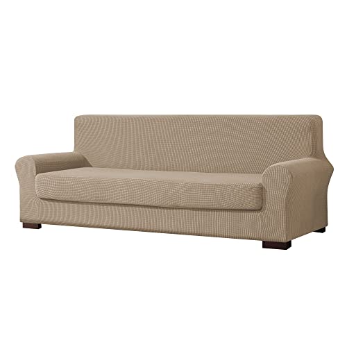 EBETA E 2-Stück Sofahusse Jacquard Sofaüberwurf Sofaüberzug, Sofahusse Couchbezug Möbelschutz rutschfest, Sofa Abdeckung Hussen + Polsterbezug 3 Sitzer (Sand, 185-235 cm)