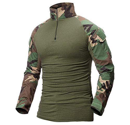 ShallGood Herren-Hemden, Kampf, Militär, Airsoft, BDU, Shirt, Outfit, Camouflage, Uniform, taktisch, schnell trocknend, mit Taschen, Ellbogenschützer, Langarm-Hemd, Multicam, C. Grün., L