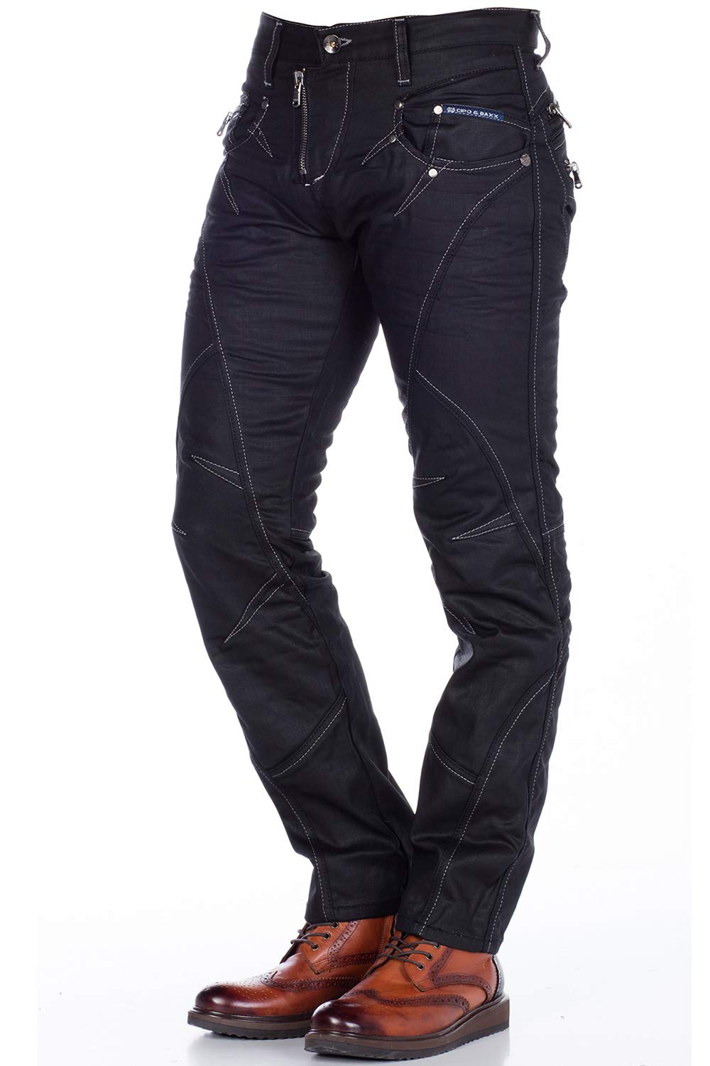 Cipo and Baxx Herren Jeans Regular Fit Schwarz Kontrastnähte Jeanshose Denim Black Pants Biker Schwarz W40 L34