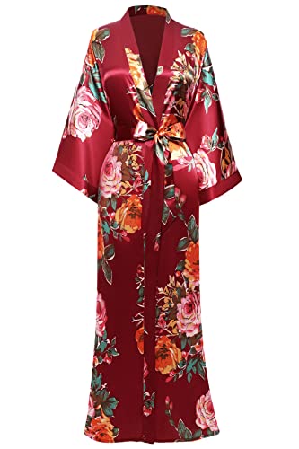 BABEYOND Damen Morgenmantel Maxi Lang Satin Sommer Kimono Blumen Muster Gedruckt Bademantel Kimono Strickjacke Damen Lange Robe Blumen Schlafmantel Girl Pajama Party