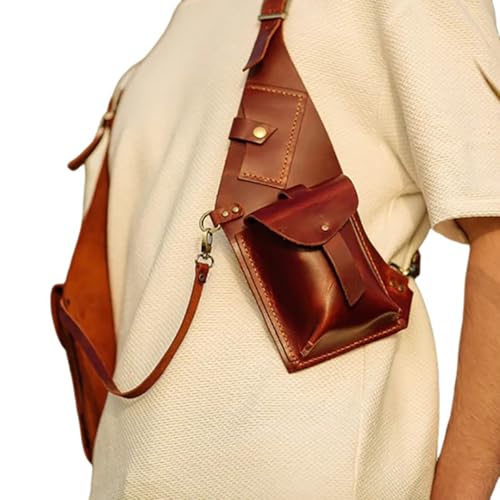 MDFCZXP Mittelalterliche Vintage Leder Doppel Schulter Holster Tasche Anti-Diebstahl Versteckter Achselriemen Brieftasche Tasche,Braun,20cm