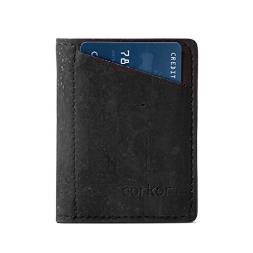 Corkor Slim Wallet für Herren, RFID-sicher, vegan, ohne Leder, Bi-Faltkarten Bargeld, Schwarz; mit Münzfach. (Schwarz) - CK262PP