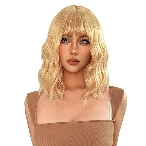 Perücken für Frauen 14 Zoll kurze blonde goldene Lolita Cosplay synthetische Perücken mit Pony for Frauen täglich natürliche gewellte Kunsthaar hitzebeständige Faser für die Tägliche Party Cosplay Tra