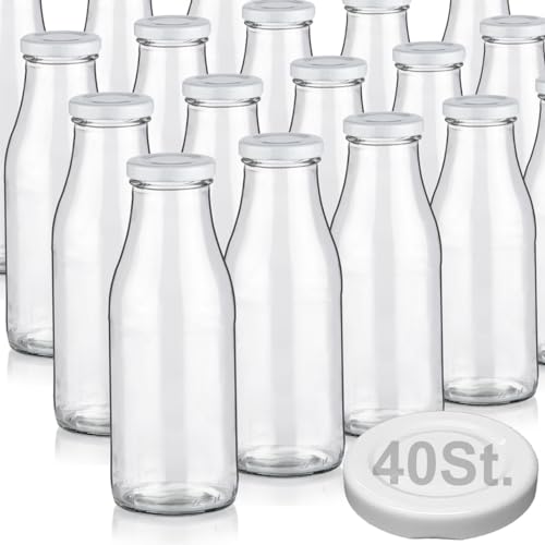 20 Milchflaschen 500ml mit 40 Deckel BPA frei Saftflaschen Glasflaschen 0,5L auch erhältlich mit 2/4/6/9/12 Flaschen Smoothie Weithalsflaschen Milchflasche leer zum Befüllen Trinkflasche Schraubdeckel