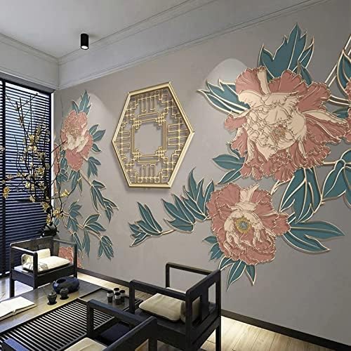 XLMING Pfingstrose Florales Muster Fenster Blume Goldgeprägte Linien Küche Esszimmer Arbeitszimmer Wohnzimmer TV Hintergrund Wand 3D Tapete-250cm×170cm