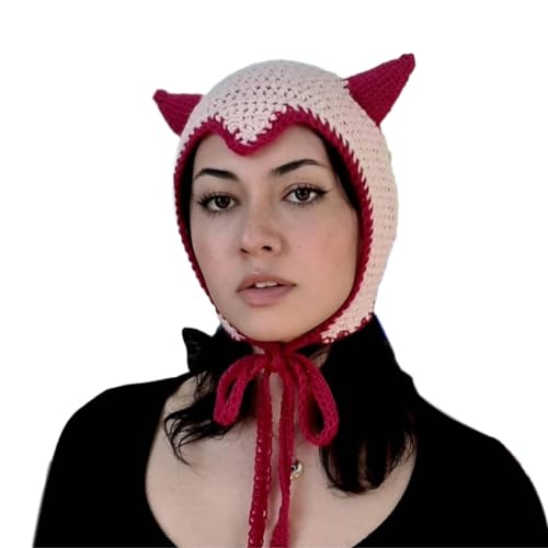 MEELYHOME Strickmütze mit Spitze, für Teenager, Ohrenklappen, Halloween, einzigartige Hornmütze, Cosplay, Horn, Party, Hut, gehäkelte Beanies für Herren