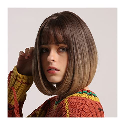 Haarperücke Straight Bob Perücken mit Pony Brown Ombre nach hellbrauner synthetischer Perücke for Frauen natürliche hitzebeständige Faserperücken for Party-tägliche Abnutzung Perücken für Frauen