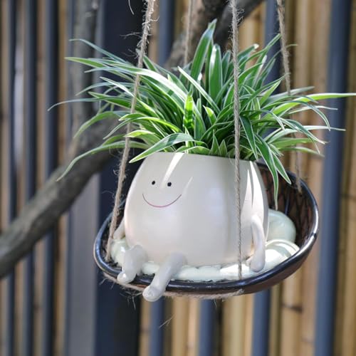 Altsuceser Swing Face Planter Pot Resin Flower Pot Hanging Head Planter Garden Outdoor Plant Succulent Pots Hanging Hammock Planter Pot Face Planter Pot Mini Plant Potting for Mother, Christmas White