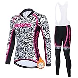 Radtrikot Damen Langarm Winter|Fahrradbekleidung Frauen Thermo|Fahrradtrikot Fleece,Radsportanzug Jersey und Trägerhose mit 5D Gel Sitzpolster,Bekleidung Cycling Atmungsaktiv Schnell Trocknen(1,L)