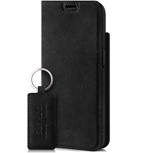 SURAZO Smart Magnet Handyhülle für Apple iPhone 13 Pro – Premium Echtleder Hülle Schutzhülle mit [Kartenfach, RFID Schutz] – Klapphülle Wallet case Handmade in Europe (Schwarz)
