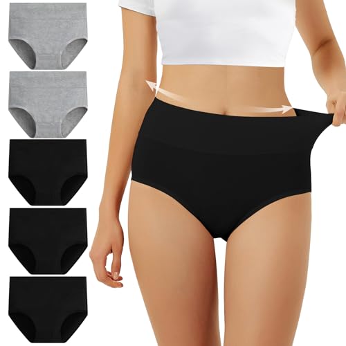 FALARY Damen Unterhosen Unterwäsche Baumwolle 5er Pack Slip Hohe Taille Unterhose Taillenslip Sportunterhosen für Damen XXL Schwarz Grau