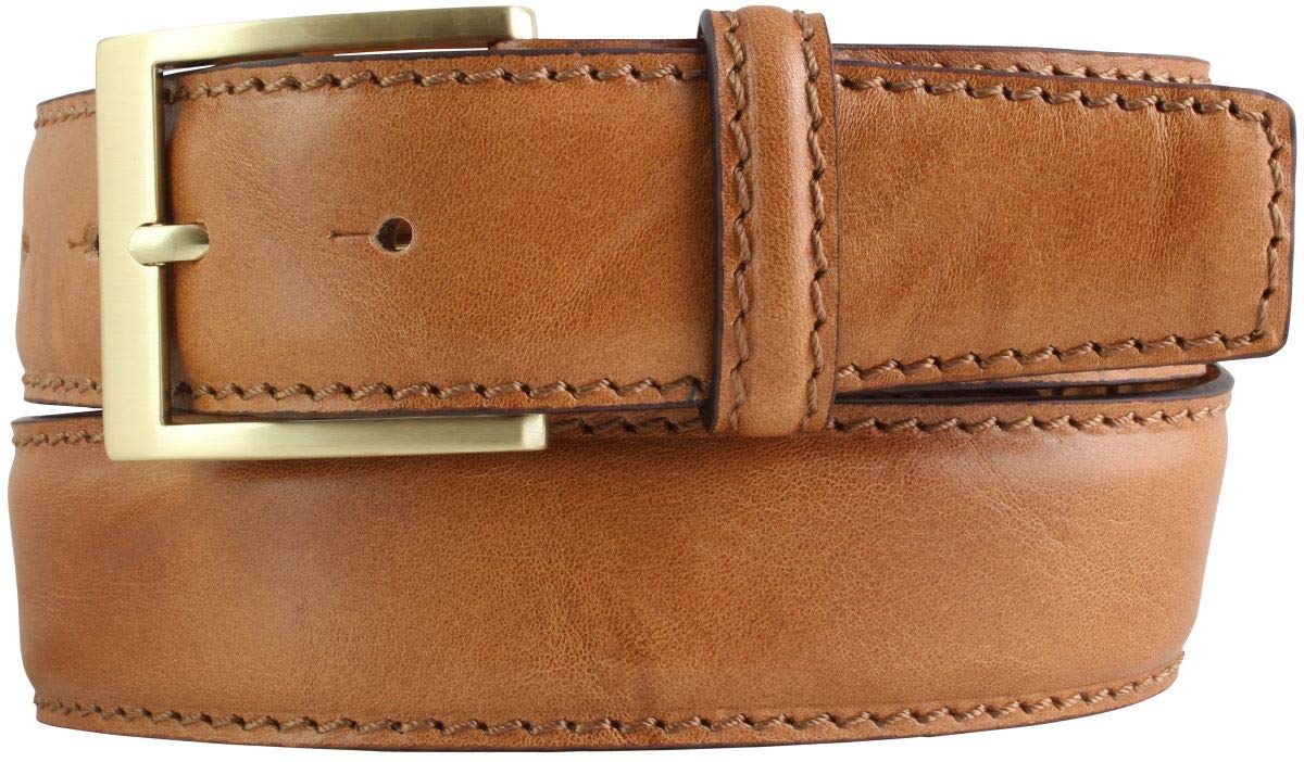 BELTINGER Gürtel aus Vollrindleder mit goldener Gürtelschnalle und Naht 4 cm | Ledergürtel 40mm goldfarben | Bombierter Jeans-Gürtel | Cognac 90cm