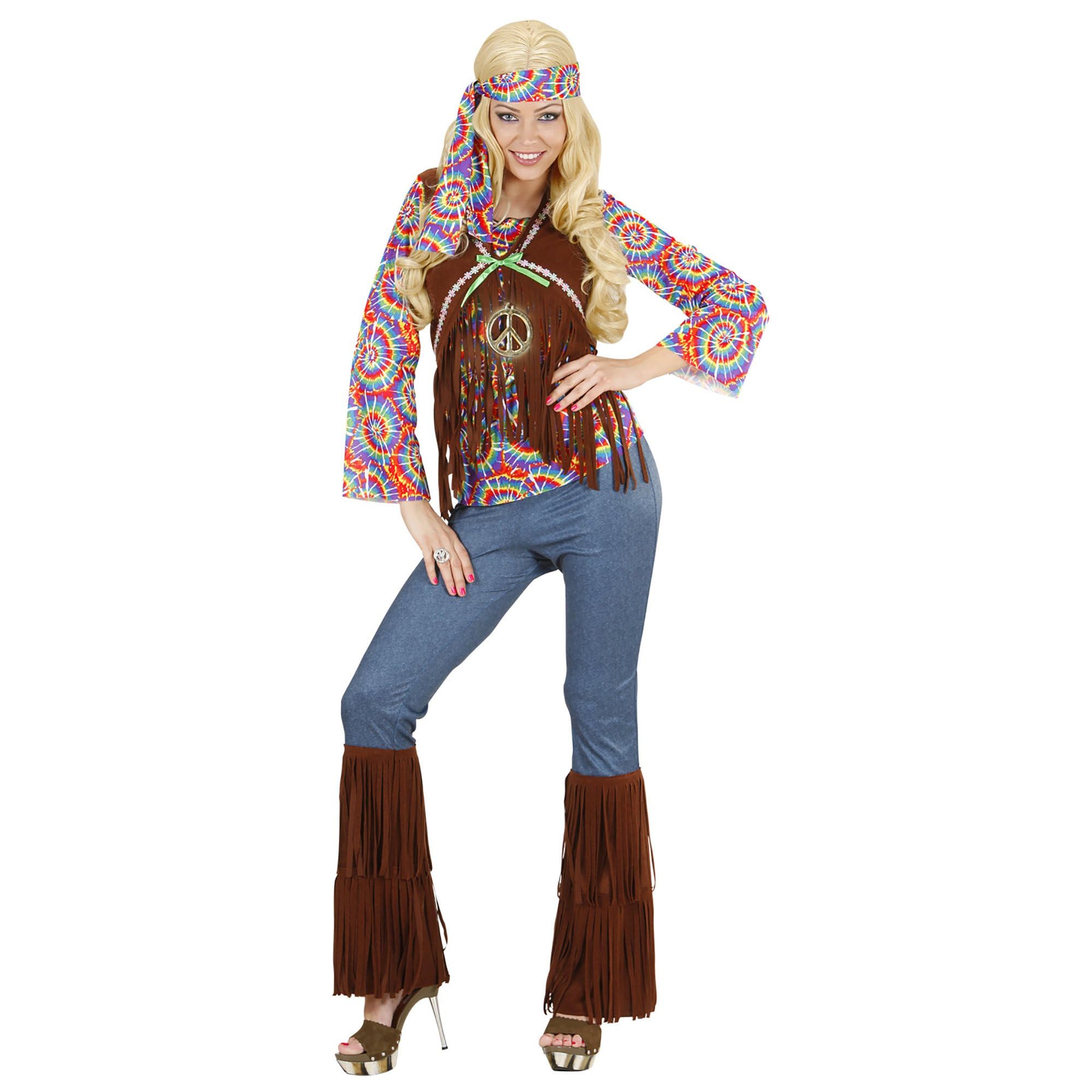 Widmann - Kostüm Psychedelic Hippie Frau, Shirt mit Weste, Hose, Stirnband, Kette, Karneval, Mottoparty