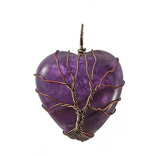 Natürlicher Kristall Quarz Stein Amethysten Reiki Baum des Lebens Hexagon Herz Chakra Stein Anhänger Draht umwickelter Schmuck,Amethyst 27