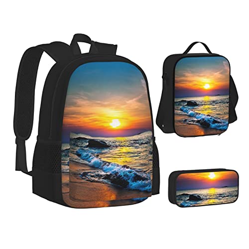 WURTON Büchertasche mit Strand- und Sonnenuntergang-Druck, Lunch-Tasche, Federmäppchen, 3-in-1, Schulrucksack-Set, Kinderrucksack