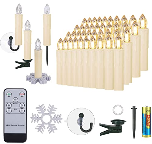 20er LED Kerzen mit Batterien Halter Fernbedienung Timer IP64 Dimmbar warmweiß Weihnachtskerzen Lichterkette Fenster Beleuchtung für Weihnachtsbaum Hochzeit Geburtstags Kirche Deko, beige