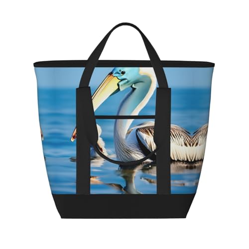 YQxwJL Pelican Vogel Blue Sea Sky Print Große Kapazität Isolierte Kühltasche Shopper Tasche Reise Strand Wiederverwendbare Einkaufstasche für Erwachsene, Schwarz, Einheitsgröße