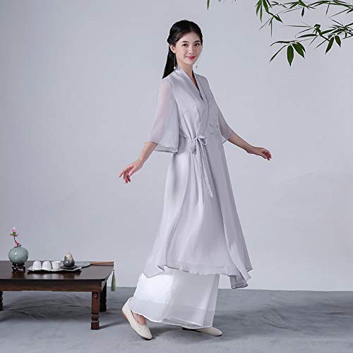 JTKDL Tai Chi Kleidung Zen Kleidung Frauen Im Chinesischen Stil Spitze Han Kleidung Tee Kleidung Sommer Frauen Zen Dance Kleid Kleider,Grey-XL