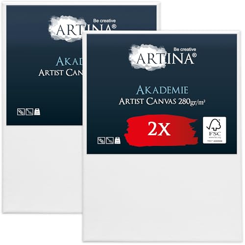 Artina FSC Keilrahmen 2er Set Akademie 70x90 cm – Leinwand Set Maltuch aus 100% Baumwolle Leinwände 280 g/m² - Keilrahmenset Leinwand zum Bemalen für Acryl-, Aquarell-, Ölfarbe UVM