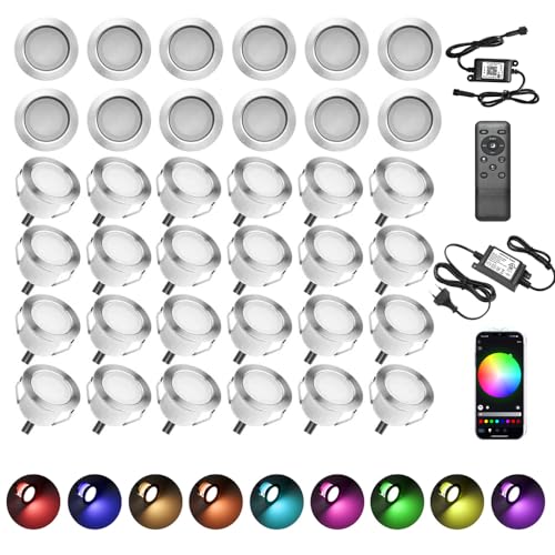 30er LED Bodeneinbauleuchten Aussen WIFI Ø45mm RGBW(RGB+Warmes Weiß) LED Terrasse Einbaustrahler Bodeneinbaustrahler DC12V IP67 Wasserdicht Einbauspots Kit Arbeitet mit Alexa,Google Home