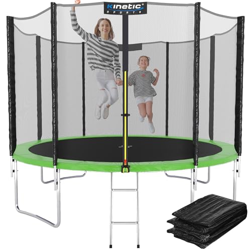 KINETIC SPORTS Trampolin Outdoor Ø 305 cm - TÜV Rheinland geprüft, Komplett-Set Gartentrampolin für Kinder, USA Sprungtuch, Sicherheitsnetz, Randpolster, Leiter - bis zu 160kg