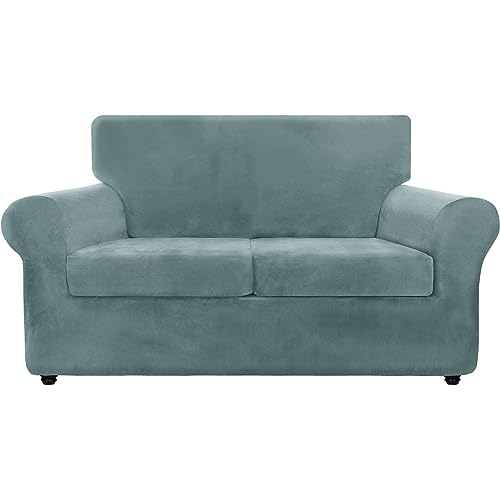 JHLD Stretch Sofabezug 2 Sitzer, Samt Sofahusse Elastische Couchbezug Sofa Überwürfe Anti-rutsch Sofa Abdeckung Mit elastischem Boden-grau Blau-Mittel