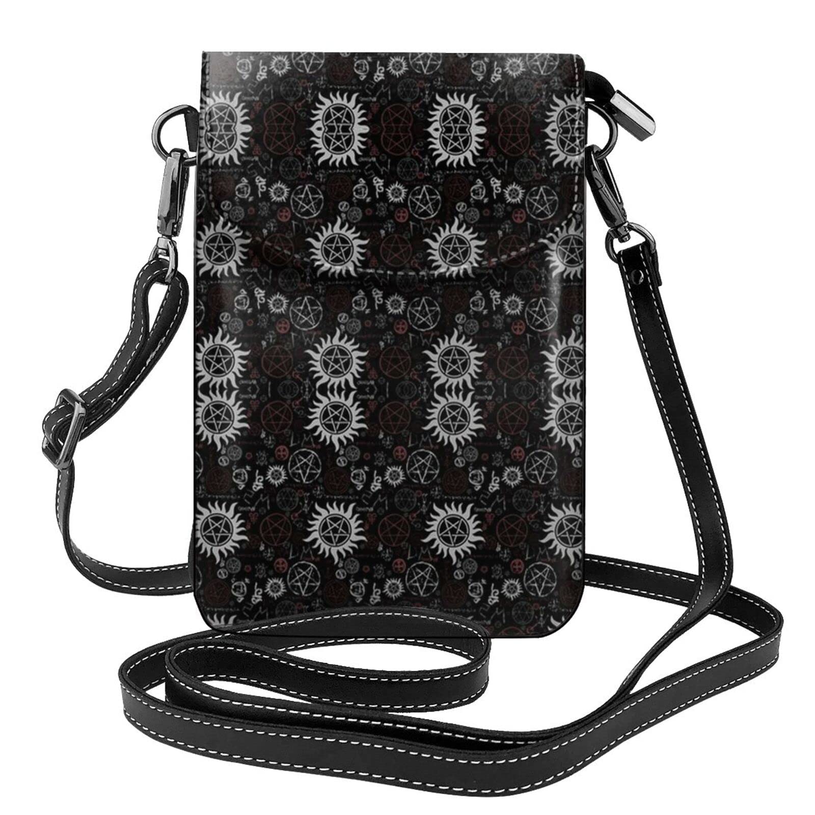 Supernatural Symbols schwarze Handy-Geldbörse =>> Kleine Umhängetasche aus Leder für Damen, Schultergurte, Tasche mit Kreditkartenfächern, 19 x 7,3 cm, Schwarz, Einheitsgröße